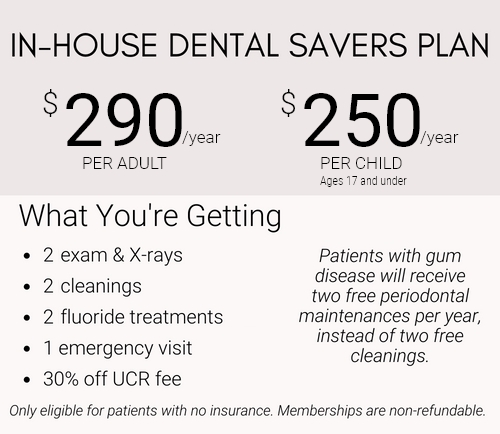Dental Savers Plan 278$ per year for Adult, 238$ per year for Child, includes 2 free exams & xrays, 2 free cleanings, 2 free fluoride treatments, 1 emergency visit, and 30% off UCR fee