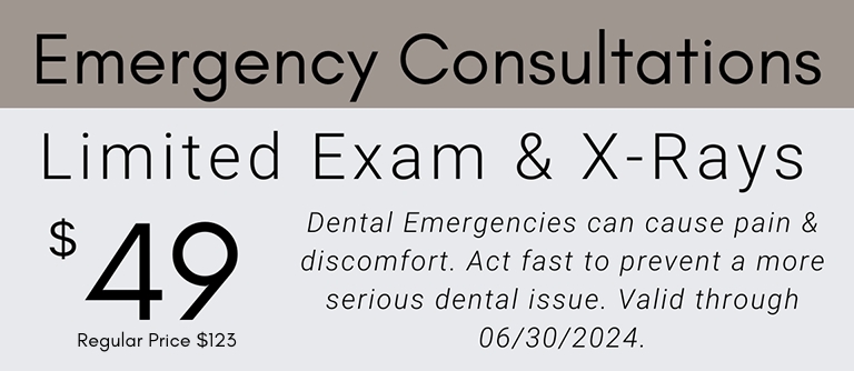 Emergency consultations limited exam and x rays 49 dollars valid through June 30 2024